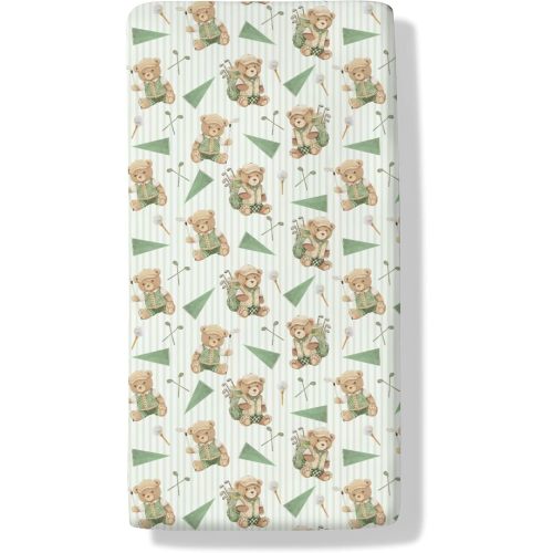 Cute Bear Golf Sports Baby Boys Girls Crib Sheets Golf Clubs Bag Balls Flag Toddler Bed Sheets Outdoor Sports Fitted Crib Mattress Cover for Standard Crib Mattresses 52''x28''