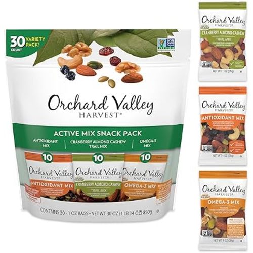 Orchard Valley Harvest Active Snack Pack Mix, 1oz Bags (Variety Pack of 30), Antioxidant Mix, Cranberry Almond Cashew, Omega-3 Trail Mix, Healthy Snacks for Adults and Kids, Gluten Free