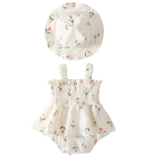 TULIP Smocked Romper with Sun Hat - Hazel & Bo