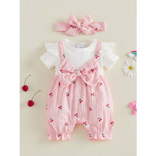 Loicainy Baby Toddler Girl Summer Romper 3 6 9 12 18 Months Cute Cherry Printed Short Sleeve Jumpsuit with Headband