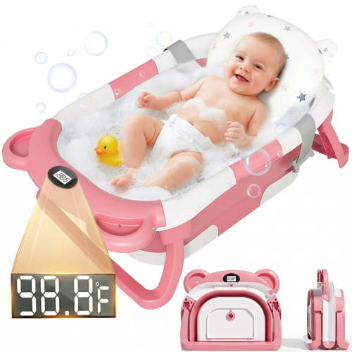 EZBY Collapsible Baby Bathtub with Temperature Sensor,Double Foldable Infant to Toddler Bath Tub,Non-Slip & Space-Saving Design, 0-3 Years, Pink
