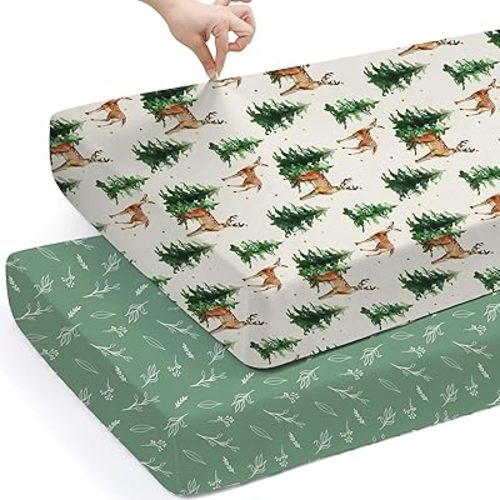 BROLEX Baby Fitted Crib Sheets: Kid Crib Sheets - Set of 2 for Toddler Standard Size Crib Mattress for Boys and Girls - Jersey Knit Crib Bed Sheets Sika Deer&Foliage