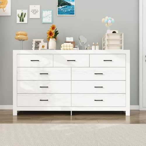 White Wood Grain 63 in. W Wooden Dresser, Chest of Drawers with 9-Drawers without Mirror