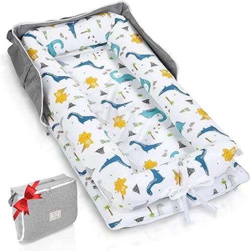 Baby Lounger for Newborn to Toddler 0-24 Months - Portable Infant Lounger with Breathable Cotton, Adjustable Size & Lengthen Space Travel Strap for Home, Outdoor (2. Dinosaur)