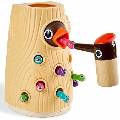 TOP BRIGHT Montessori Toys for 2 Year Old Gift, Magnetic Bird Feeding Game | Builds fine motor skills, Toddler sensory toys age 2-4, Woodpecker Worms Toy, Hand-eye coordination, Non-toxic Wood
