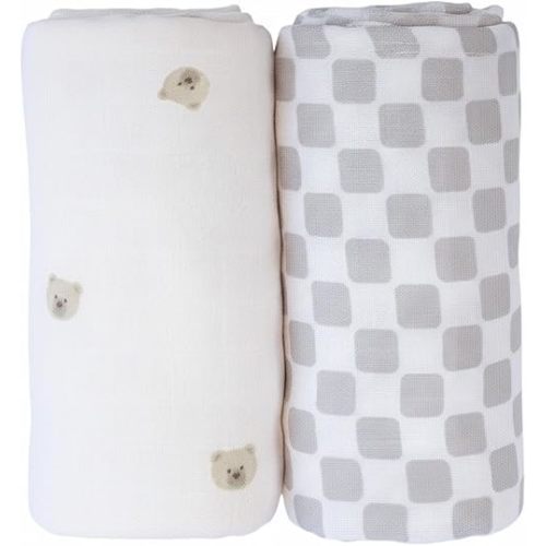 Muslin Swaddle Blankets - Set of 2 Gender Neutral Patterns- Large 47"x47",Organic Cotton & Viscose from Bamboo, Extra Soft Newborn Swaddles, Baby Shower for Boys & Girls (Checkered Tan & Bears)