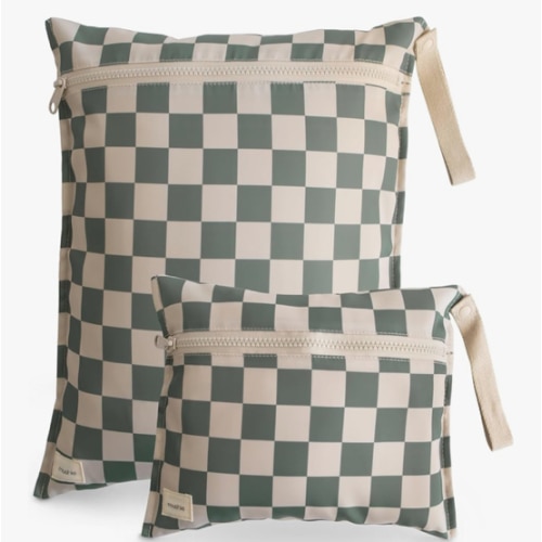 mushie Water Resistant Wet Bags | Large & Small Reusable Storage Bag for Baby Items and Travel | Zippered Pockets with Handle | Machine Washable, Set of 2 (Olive Check)