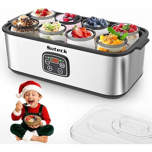 Suteck Yogurt Maker - Stainless Steel Yogurt Makers with Adjustable Time & Temp Control，Automatic Shut-Off & Constant Temper for Homemade Greek, Probiotic Yogurt, BPA-Free 8 Glass Jars (48 oz), Black