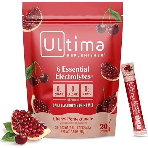 Ultima Replenisher Daily Electrolyte Powder Drink Mix – Sugar Free – Cherry Pomegranate, 20 Stickpacks – Hydration Packets with 6 Electrolytes and Minerals – Keto Friendly, Vegan, Non-GMO