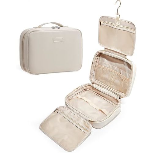 EACHY Toiletry Bag with Hanging Hook, Travel Makeup Bag PU Leather Cosmetic Bags for Women Make Up Organizer with 4 Compartments Waterproof Full-Size Portable Travel Essentials (Beige)