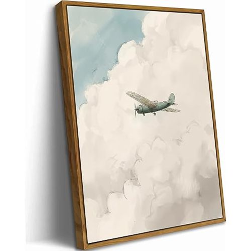 Framed Vintage Airplane Wall Art, Watercolor Sky Clouds Wall Decor, Minimalist Aviation Nursery Painting Picture, Retro Airplane Poster Print for Kids Bedroom Playroom Decoration, 8x10in