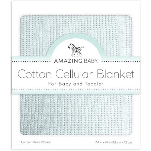 Amazing Baby Cellular Blanket, Premium Cotton Knit, Ultra Soft, Breathable, Cozy Gift for Baby Boys and Girls, Favorite Toddler Blanket, 44 x 44 inches (112 x 112 cm), Soft Blue
