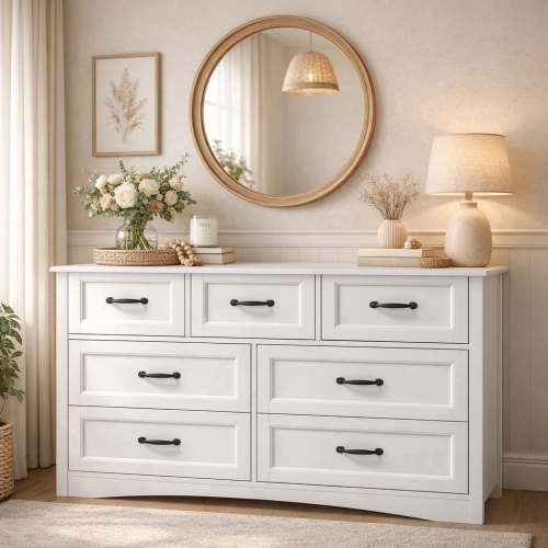 7 Drawers Dresser, 47" Wide Chest of Drawer, Modern Storage Organizer with Metal Handles, for Bedroom, Living Room, Hallway, Office, Entryway, White