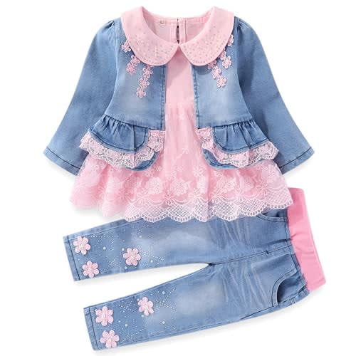 Peacolate 6M-4Years Spring Autumn Baby Girls Sets Denim 3 Pcs Clothes Long Sleeve T-Shirt Denim Jacket and Jeans,Pink Lace,6-12Months