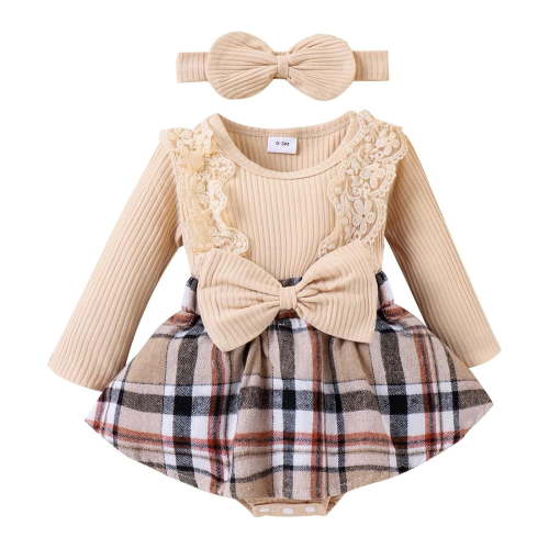 Bjutir Cute Baby Toddler Bodysuits Girl Clothes Fall Winter Outfit Plaid Romper Long Sleeve Dress Lace Ruffles Bodysuit With Bow Headband For 0-3 Months