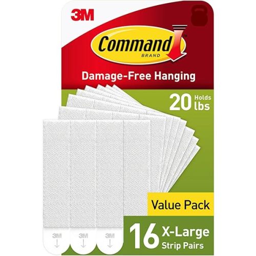 Command 20 lb X-Large Picture Hanging Strips, 16 Pairs White Command Strips Heavy Duty Picture Hanger