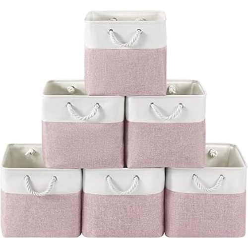13 x 13 Inch Cube Storage Bins, 6 Pack Fabric Storage Basket with Handles, Foldable Boxes Organizer for Shelf Baskets for Home, Clothes, Toys (White/Pink)