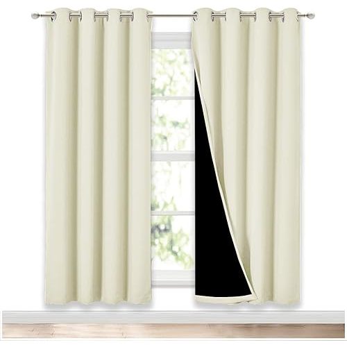 NICETOWN Living Room Completely Shaded Draperies, Privacy Protection & Noise Reducing Ring Top Drapes, Black Lined Insulated Window Treatment Curtain Panels (Beige, 2 Pieces, W52 x L72)