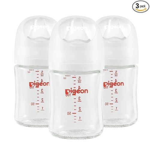 Pigeon Glass Baby Bottles Wide Neck, 5.4 Oz, Pack of 3 | Nurture & Nest, Borosilicate Glass, Anti-Colic Bottle, Natural Feel, Easy to Clean, Includes 3pcs Stage 1 Nipples (0M+)