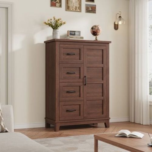 Garvee 4 Dresser for Bedroom, 45.7" Tall Dresser with Door, Vertical Dresser with Storage, Freestanding Closet Dresser Chest for Bedroom, Walunt