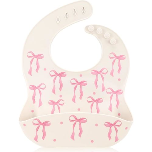Remerry Pink Bow Silicone Bib for Baby Girls, Pink Waterproof Feeding Bib with Pocket Adjustable Fit for Babies and Toddlers Drooling and Teething