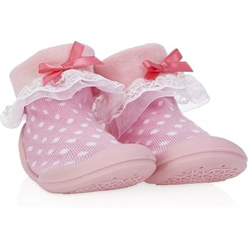 Nuby Snekz Comfortable Rubber Sole Sock Shoes for First Steps- Pink Polka Dots/Large 22-30 Months