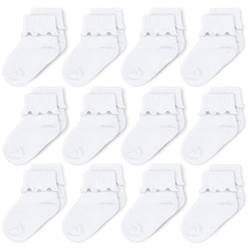 CozyWay Baby Ruffle Socks Baby Girl Turn Cuff Ankle Comfy Cotton Socks Infant - 12 Pack