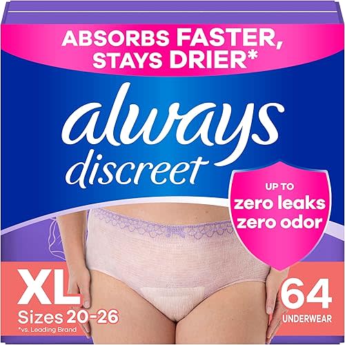 Always Discreet Adult Incontinence Underwear for Women and Postpartum Underwear, Extra Large, Up to 100% Bladder Leak Protection, 64 Count (2 Packs of 32)