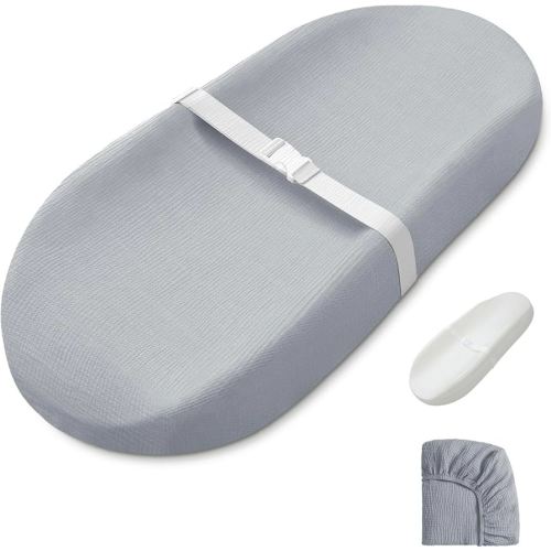 Blissful Diary Muslin Baby Changing Pad with Waterproof Lining Foam, Diaper Changing Table Pad with Cover for Dressers (Gray, Avocado)