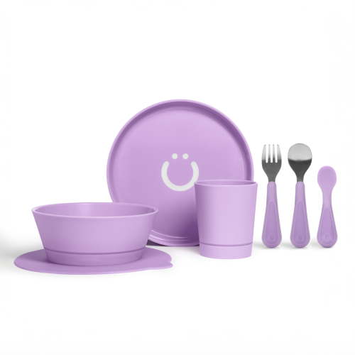 Ubbi 7-Piece Toddler Feeding Set, Includes Plate, Bowl, Cup, Utensils, Interchangeable Suction Cup Base, Smoothie Purple