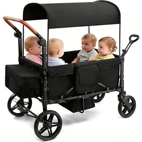 Stroller Wagon for 4 Kids, Foldable Wagon with Footwell, Lightweight, Adjustable Push and Pull Handles, 5-Point Harness, Adjustable Canopy for Outdoor Adventures (Black)
