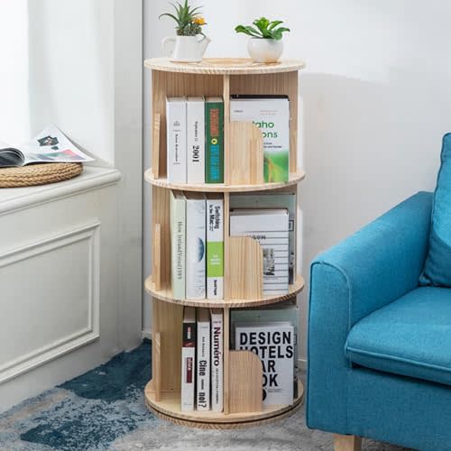 Wooden Rotating Bookshelf 360 Display Floor Standing Bookcase Storage Rack for Kids&Adults Multi-Functional Bookshelf Organizer (3-Tier)