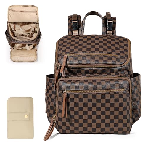 Omanmoli Checkered Diaper Bag Backpack Large Baby Diaper Bag Leather with 17 Diaper Bag Organizing Pouches,Changing Pad,Stroller Straps,4 Insulated Pockets, Coffee