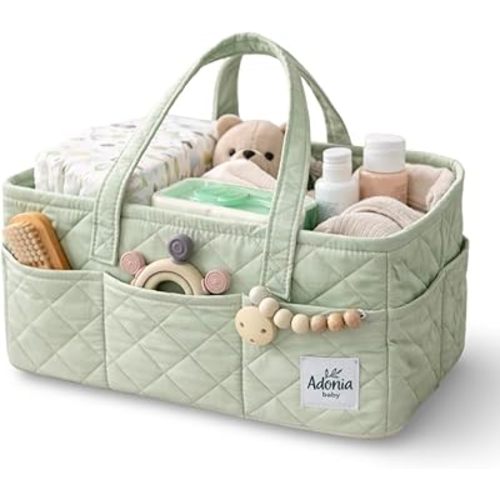 Adonia & Co Diaper Caddy Organizer – Nursery Storage Basket for Newborn Essentials Must Haves & Baby Must Haves – Portable, Machine Washable Baby Diaper Bag Organizer (Green)