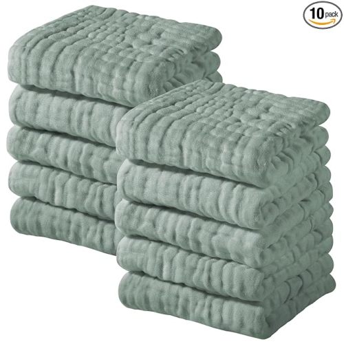Yoofoss Muslin Baby Washcloths 100% Organic Cotton Face Towels 10 Pack Wash Cloths for Baby 12x12in Soft and Absorbent Baby Wipes (Dark Green)