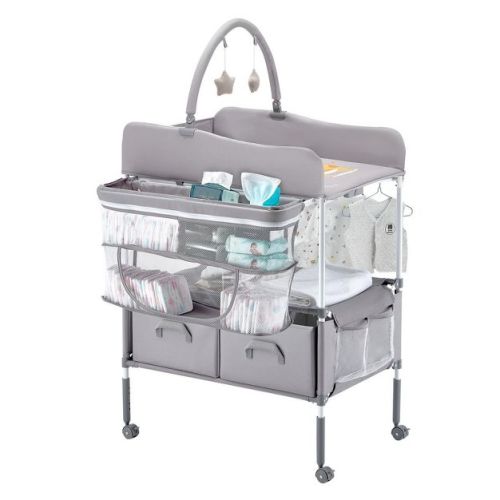 Yinvani Foldable Baby Changing Table with 2 Fabric Drawers, Side Basket & Hanging Rod, Adjustable Height, Lockable Wheels