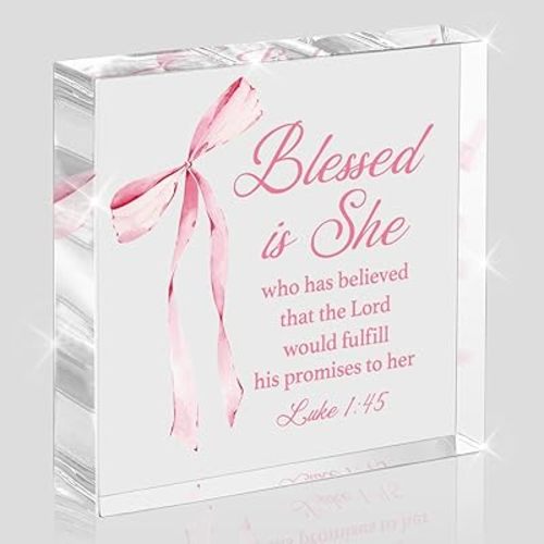 Pink Bow Room Decor, Inspirational Bible Verse Quotes, Christian Gifts for Women, Coquette Aesthetic Bow Dorm Decoration, Office Decor for Women, Acrylic Office Desk Accessories Decoration-Luke 1:45