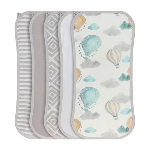 Featherhead 5 Pack Muslin Baby Burp Cloths for Boys & Girls, 22" X 11", Premium Cotton Muslin and Terry Spit up Rags, Super Soft and Absorbent (Green Hot Air Balloons)