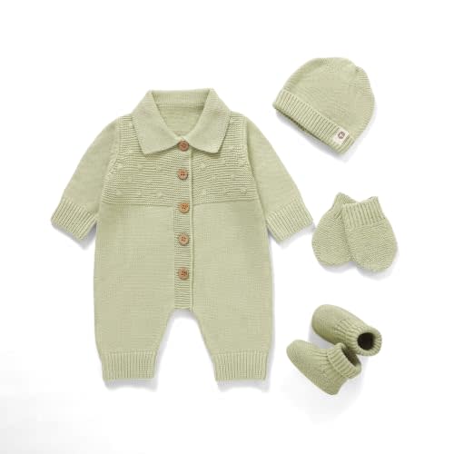 Cotton Baby Sweater Knit Romper Newborn Infant Outfit Hat Mittens Booties | 4 Psc Soft Breathable Coming Home Baby Gift LongSleeve Cute Cloth for Boys Girls