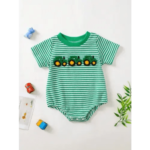 Cute Baby Girl Green Striped Truck Embroidered Bodysuit, Fresh And Adorable, Great Gift For Babies | SHEIN USA
