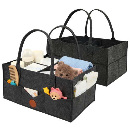 Keyohome Diaper Caddy Organizer,Nursery Storage Bin,Car Organizer for Diapers and Baby Wipes,Felt Diaper Organizer Suitable for Indoor Outdoor,with Handle,2 Pack,Dark Gray