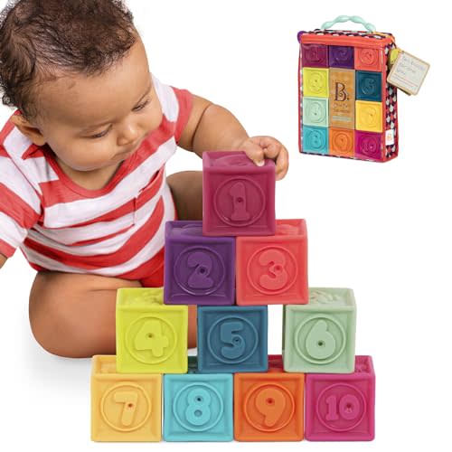 B. toys One Two Squeeze, 10 Soft Stacking Blocks, Blocks - 2, Baby | 10 soft building blocks with numbers, shapes, animals, textured sides, and a reusable fabric bag for storage, Baby, 6+ Months