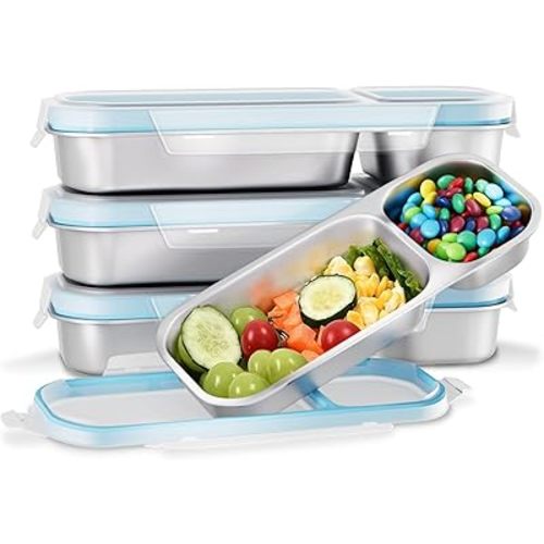 Stainless Steel Snack Containers for Kids Adults, 4 Pack 2 Compartment Metal Snack Containers Box with Lid, Reusable Food Storage Container, Leak Proof, Grab and Go