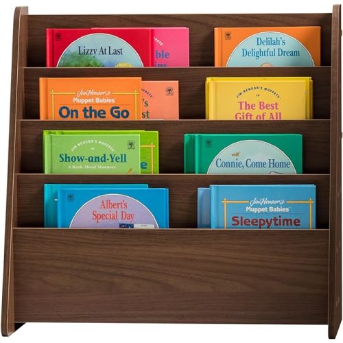 IRIS USA Wide Wooden Magazine Rack, 4-Pocket Periodical Book Sketchbook Stand with Deep Compartments for Living Room Office, Dark Brown