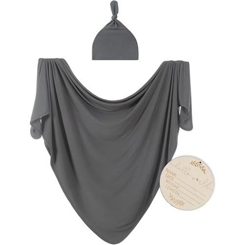 Large Jersey Knitted Swaddle Blanket for Baby, Soft Stretchy Receiving Blanket for Newborns with Hat, Baby Nursery Swaddle 47 x 47 inches(Iron)