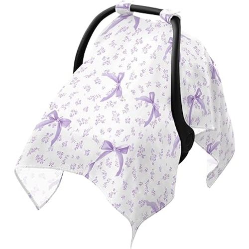 Purple Floral Bow Infant Car Seat Cover Baby Girls Stroller Carseat Covers Canopy Muslin Breathable Soft Lightweight Sun Shade Universal Fit