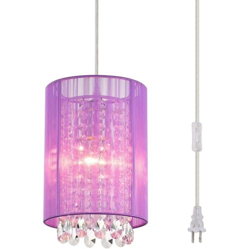 LaLuLa Hanging Lamp, Purple Cotton Hanging Lights with Plug in Cord, Crystals Plug in Pendant Light, 1-Light Hanging Lamps for Living Room Plug in, Bedrooms, Girls Room, Vanity, Playhouse, Closet