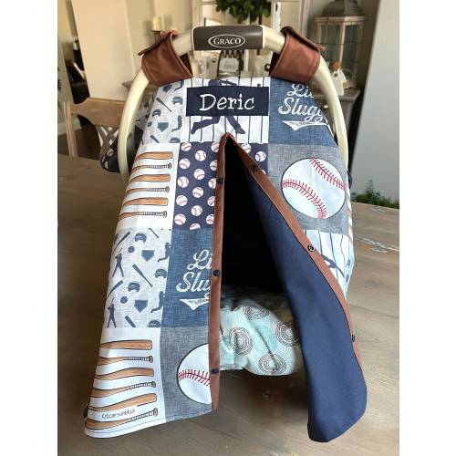 Cute Baby Car Seat Canopy Cover - Little Slugger Baseball - All Cotton or Minky - Baby Boy - Shower Gift