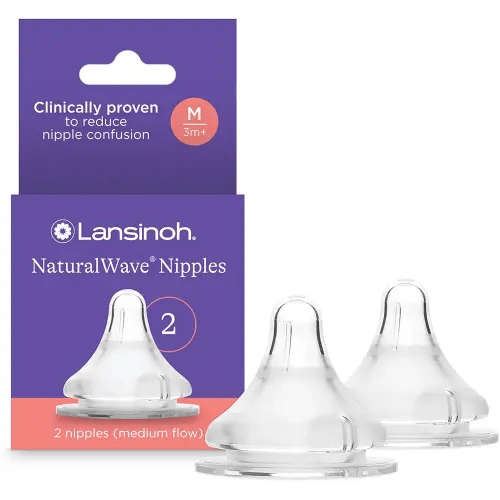 Lansinoh NaturalWave Baby Bottle Nipples – 100% Soft, Durable Silicone, Made Without BPA BPS, Anti-Colic, Supports Baby’s Developing Mouth and Teeth, Medium Flow, Size M, 2 Count, 3+ Months