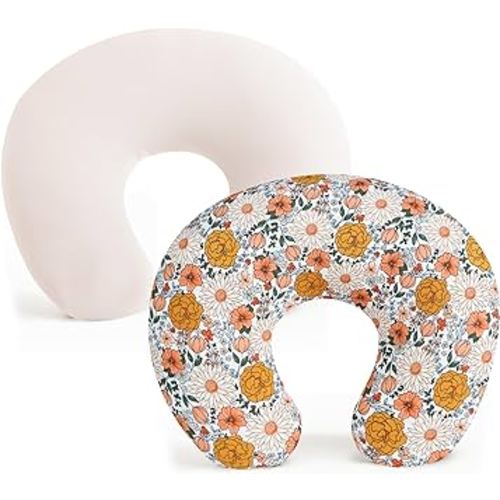 Konssy 2 Pack Nursing Pillow Covers, Stretchy and Soft Nursing Cover for Breastfeeding Pillows, Pillow Slipcover for Baby Girls Boys Newborn (Beige, Floral)